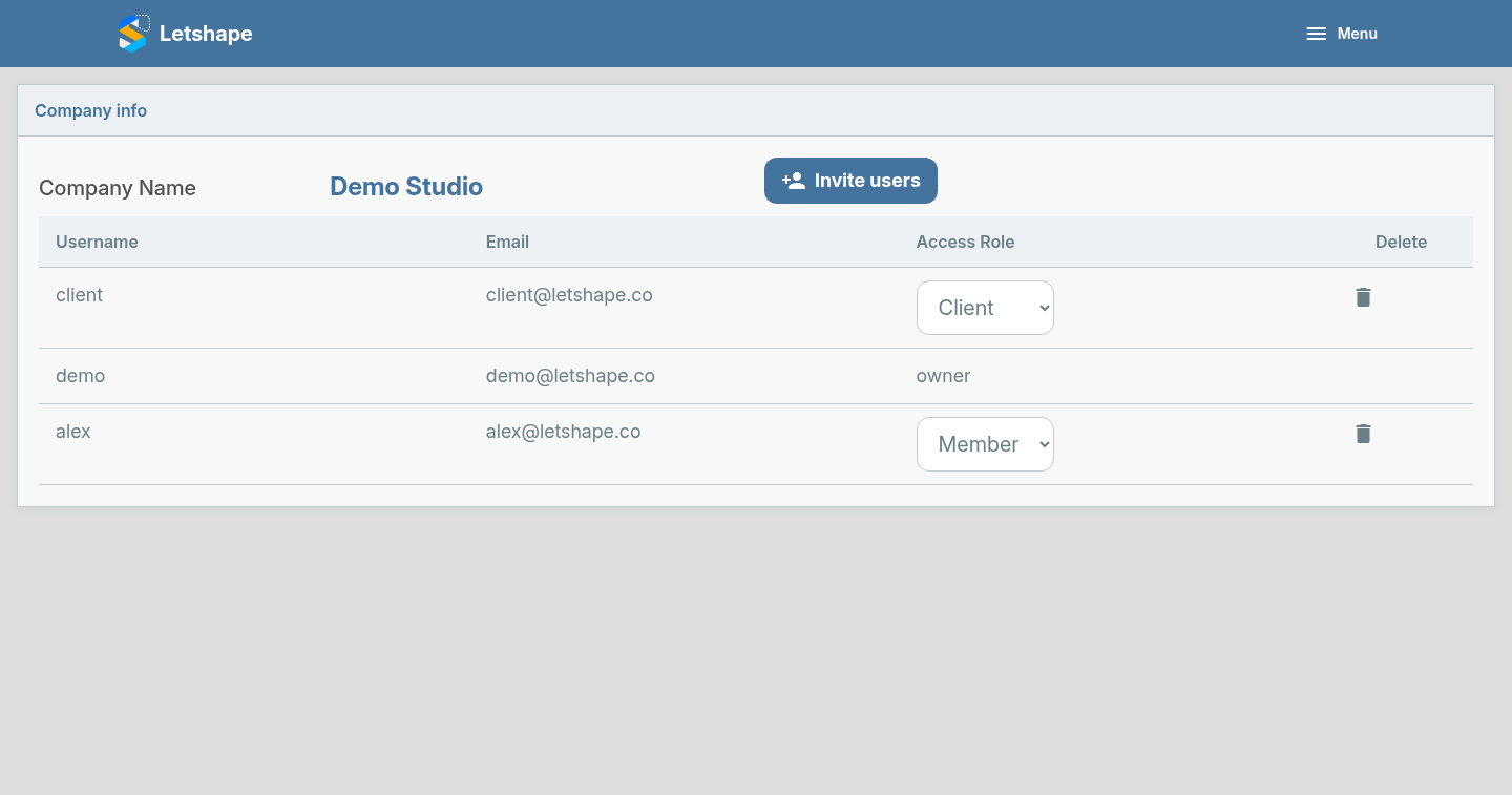 The company screen with the member list and Invite users button