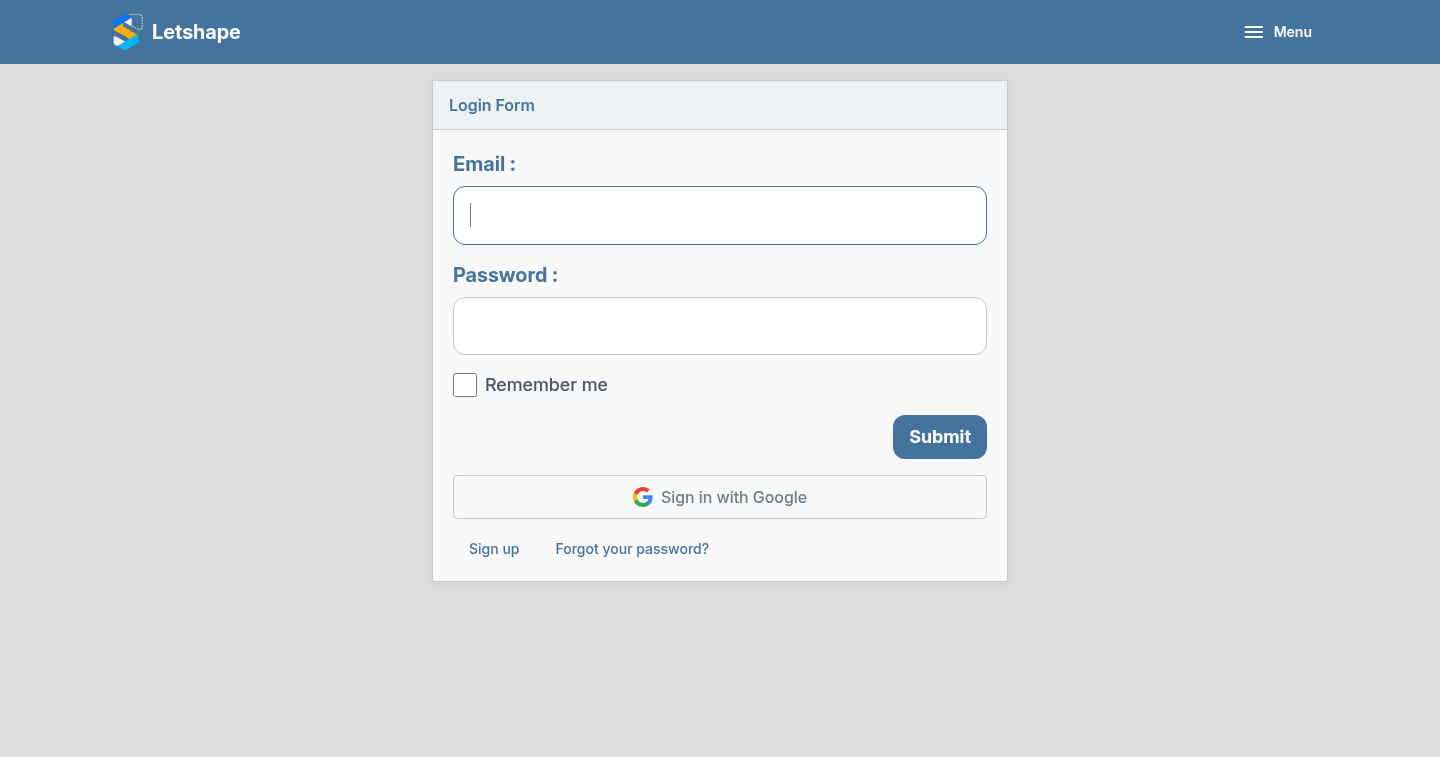 The Letshape login page
