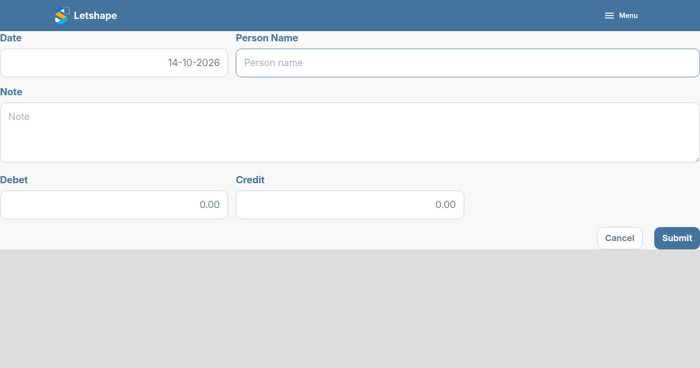 The new budget form with Date, Person Name, Note, Debet and Credit