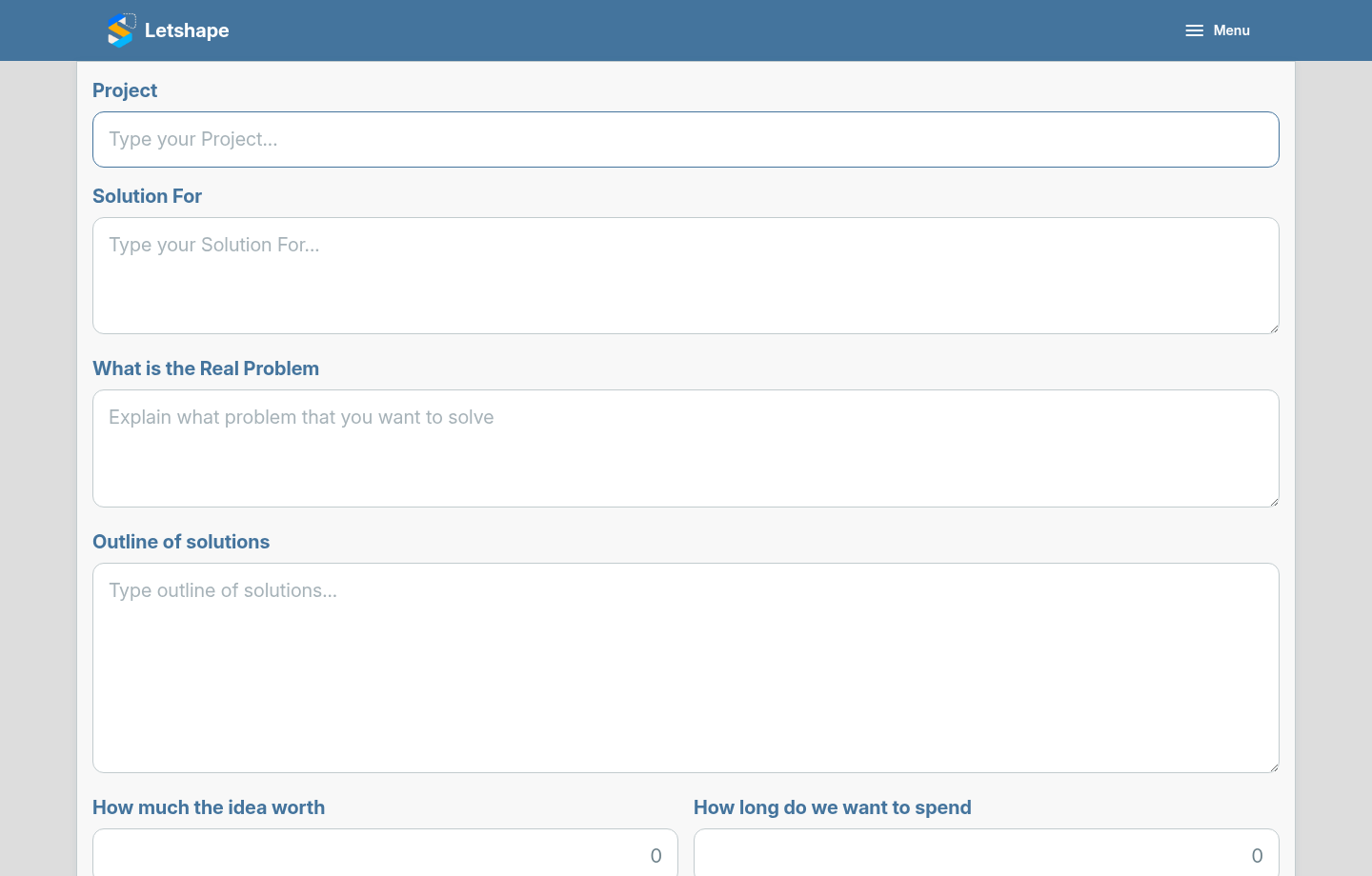 The project form with the idea fields