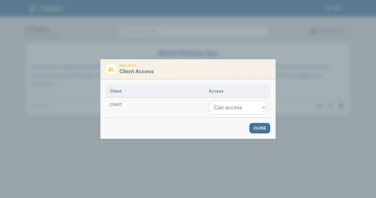 The Client Access dialog sharing a single project