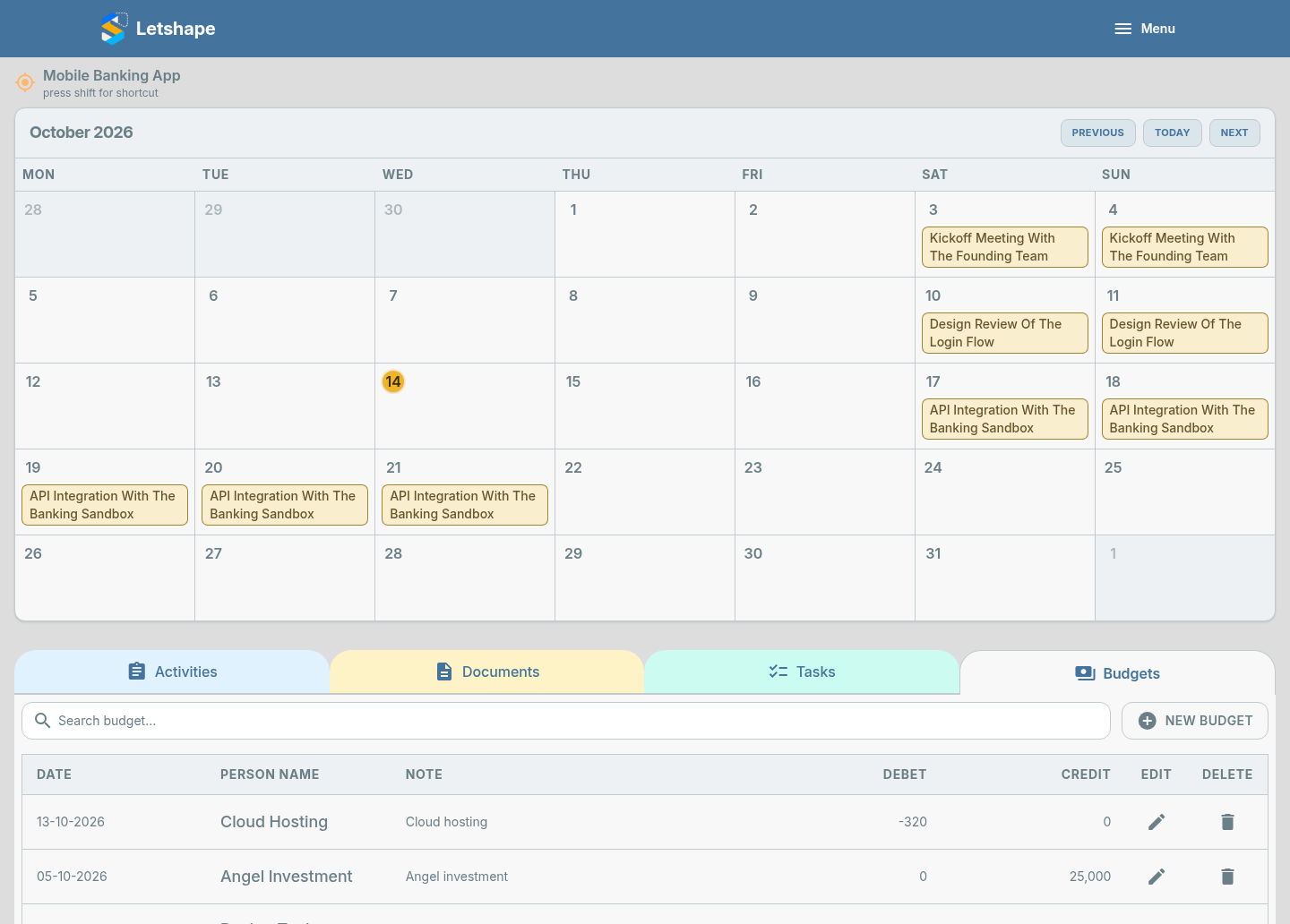 The budgets tab listing income and expenses