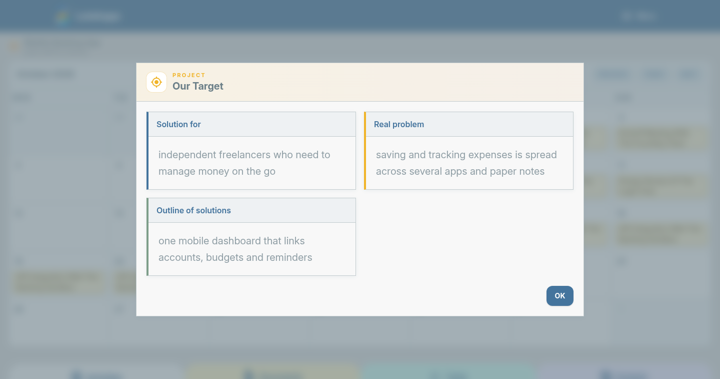 The Our Target card showing solution, problem and outline