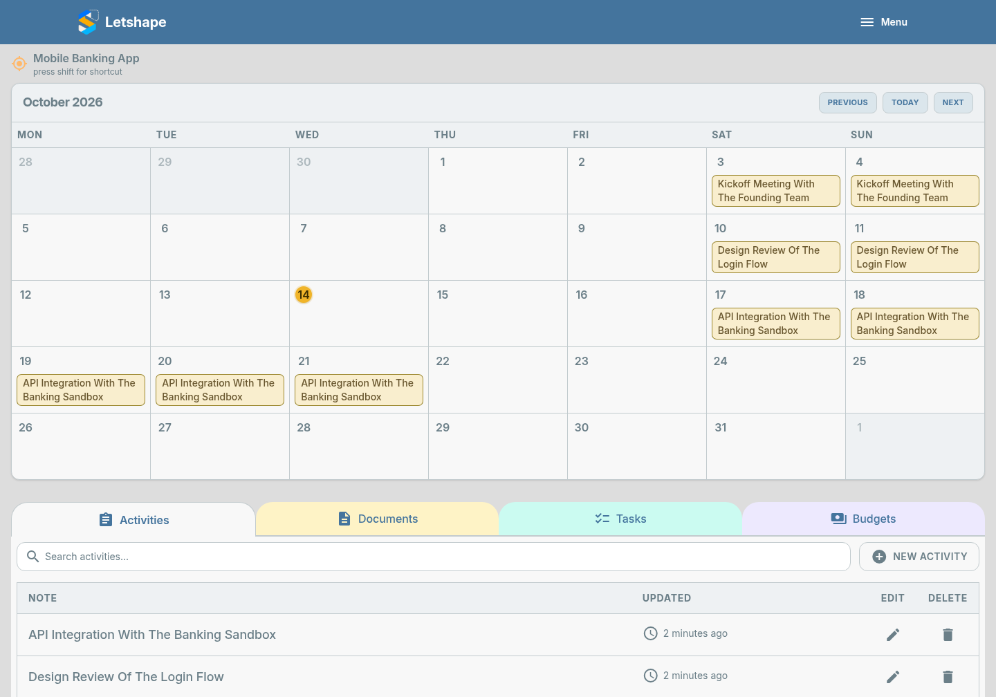 The project calendar with scheduled activities