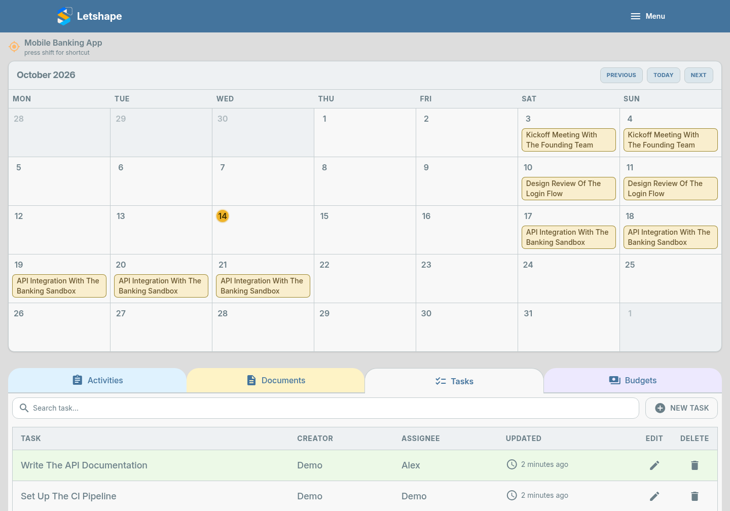 The tasks tab listing tasks and their assignees