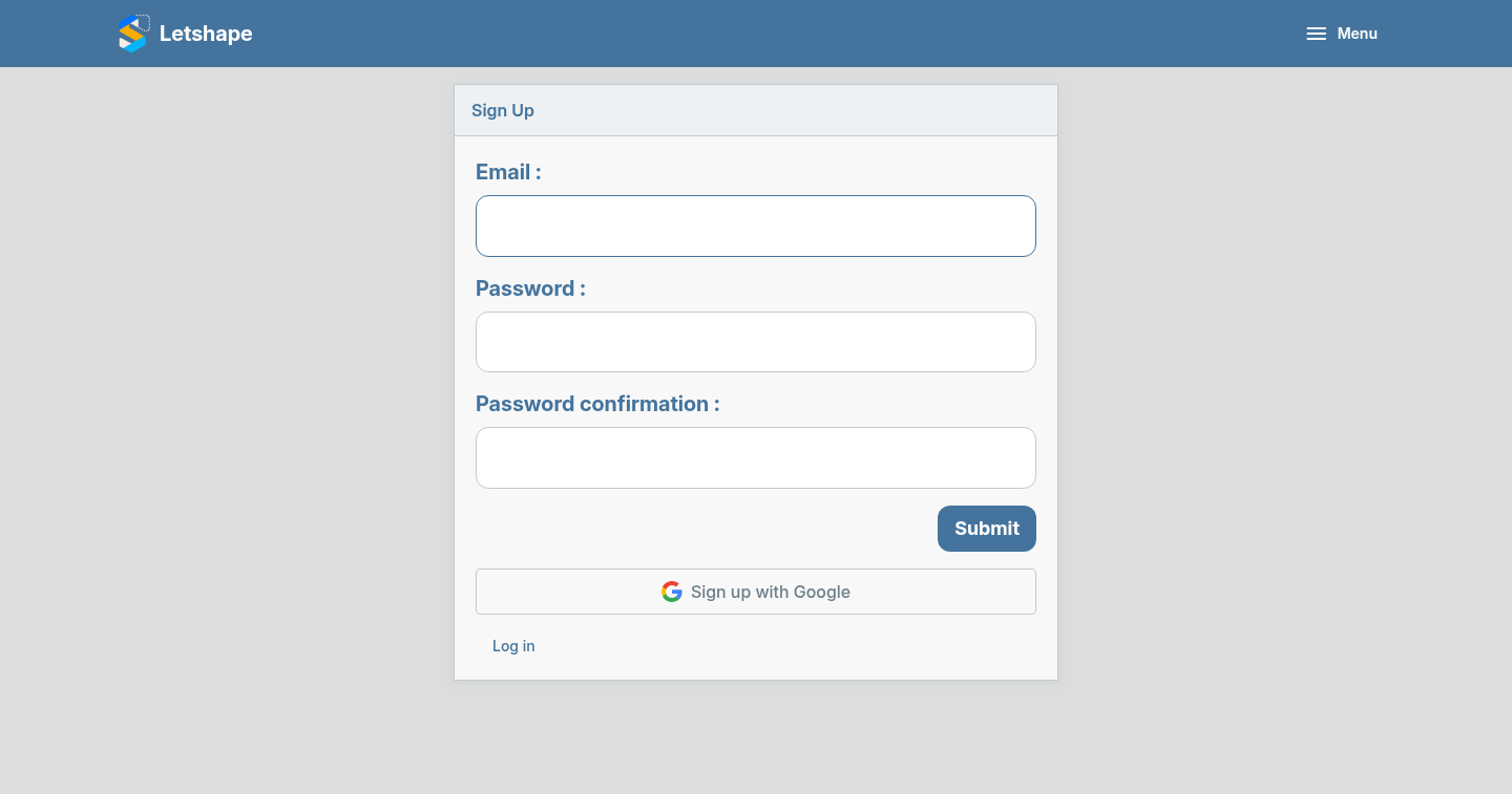 The Letshape sign-up form with email and password fields