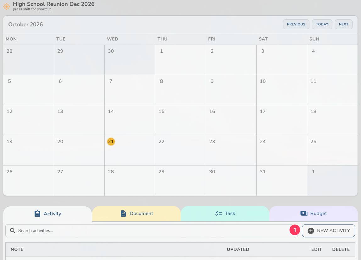 The project calendar and Activity tab with NEW ACTIVITY marked as step 1
