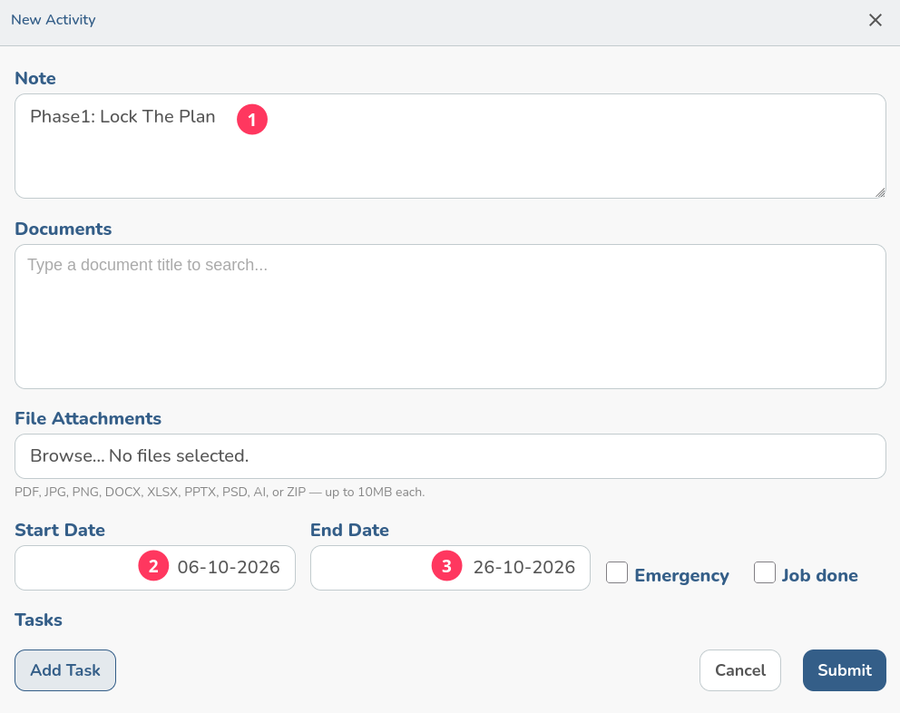 The New Activity form with the note marked as step 1, start date as step 2 and end date as step 3