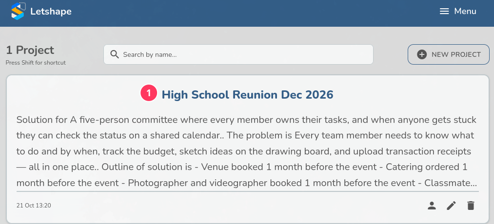 The projects list with the reunion project card marked as step 1