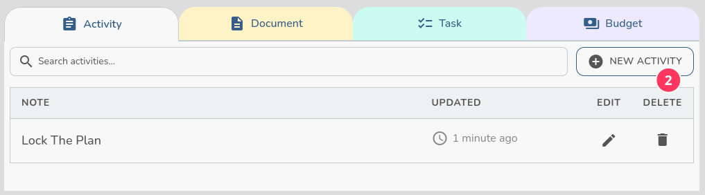 The activity list showing Lock The Plan saved, with the new activity marked as step 2