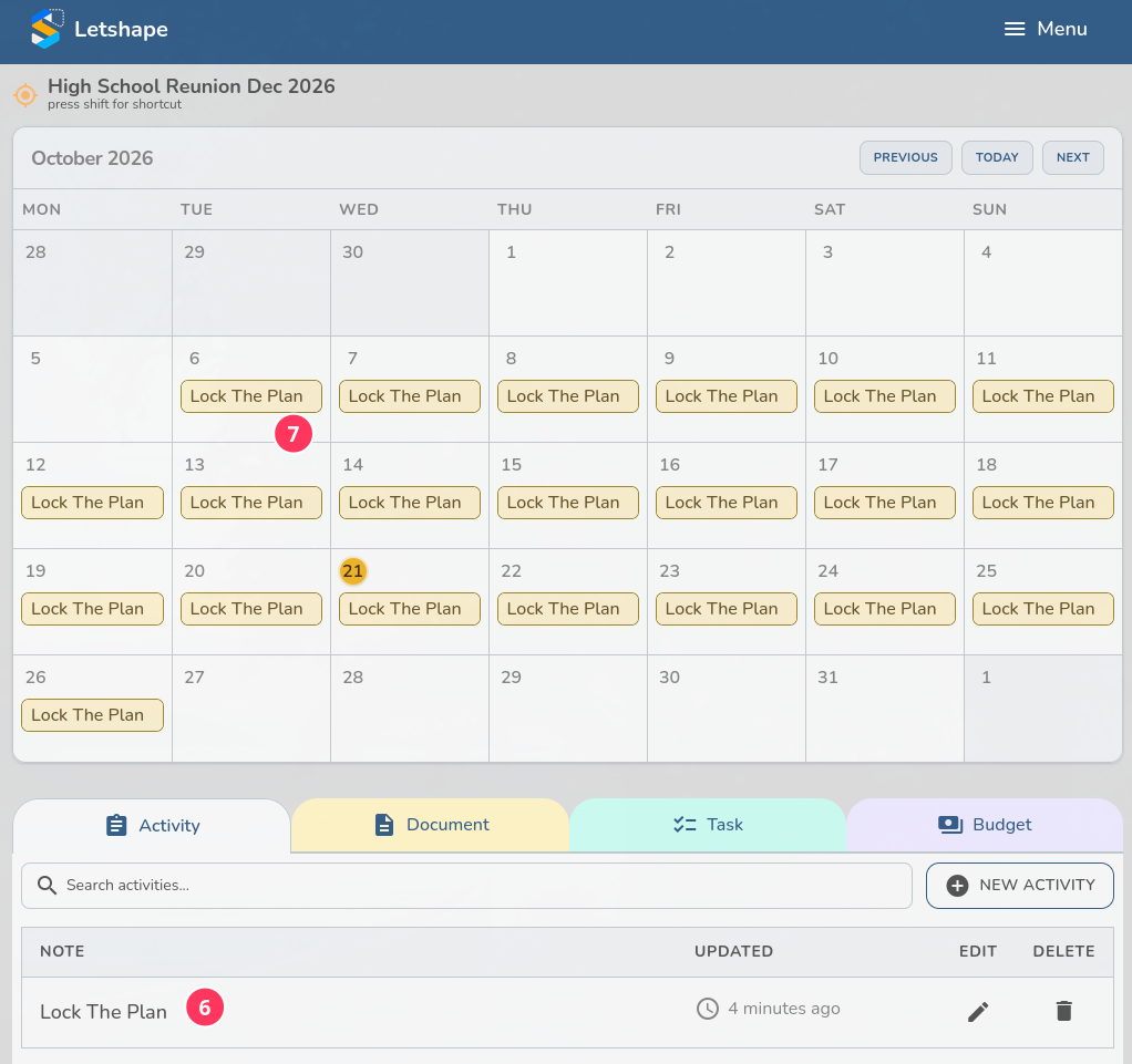 The October 2026 calendar filled with Lock The Plan from 6 to 26 October, activity row marked as step 6 and the calendar span as step 7