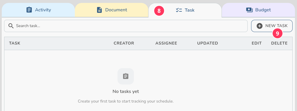The Task tab with No tasks yet, the Task tab marked as step 8 and NEW TASK as step 9