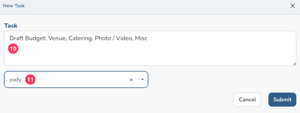 The New Task form with the task text marked as step 10 and the assignee dropdown as step 11